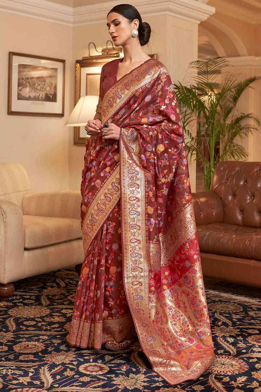 Buy Maroon Art Silk Floral Design One Minute Saree Online - Back