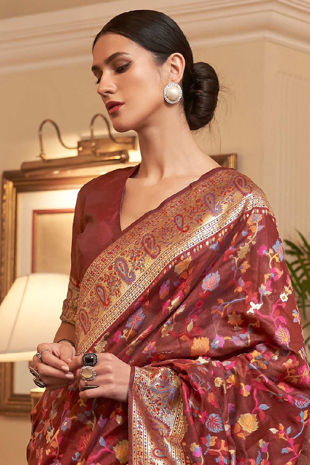 Buy Maroon Art Silk Floral Design One Minute Saree Online - Front