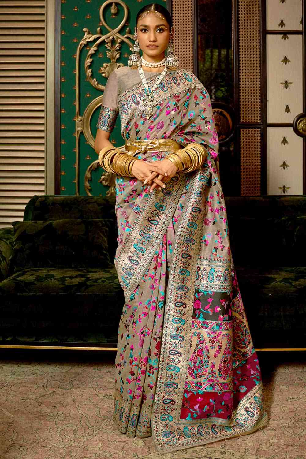 Buy Grey Art Silk Floral Design One Minute Saree Online