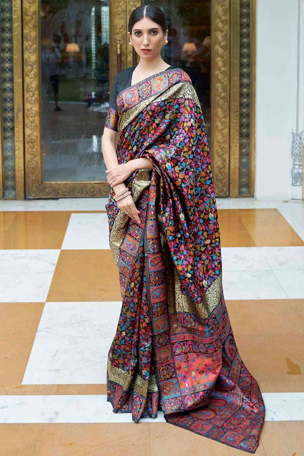 Simi Multi Silk Blend Floral Woven Design Phulkari One Minute Saree