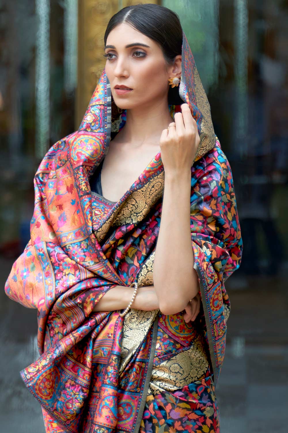 Simi Black Silk Blend Floral Woven Design Phulkari One Minute Saree