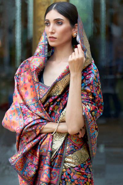 Simi Multi Silk Blend Floral Woven Design Phulkari One Minute Saree