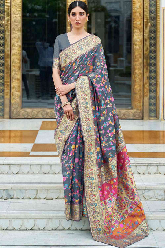 Neha Multicolor & Grey Silk Blend Floral Phulkari One Minute Saree