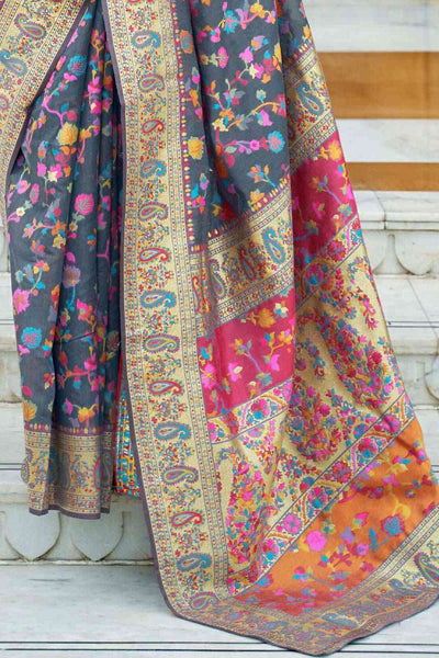 Neha Multicolor & Grey Silk Blend Floral Phulkari One Minute Saree