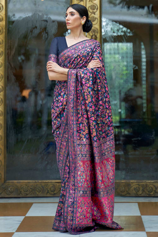 Camilla Multi-Color Silk Blend Floral Woven Design Phulkari One Minute Saree