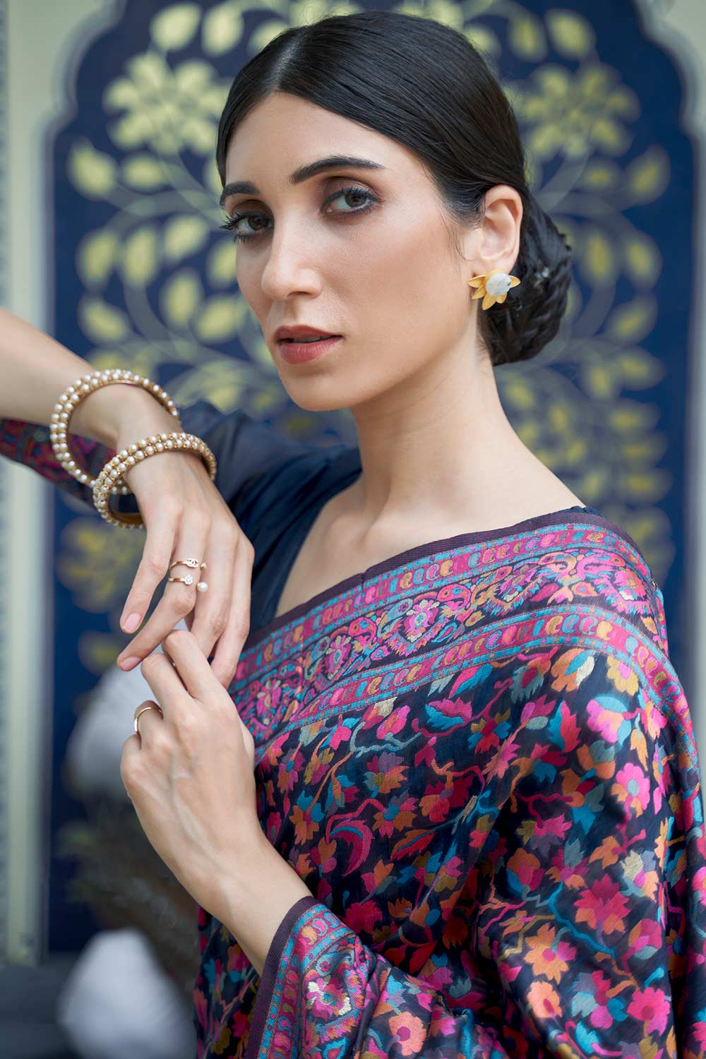 Camilla Multi-Color Silk Blend Floral Woven Design Phulkari One Minute Saree