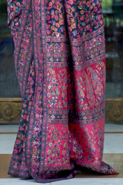 Camilla Navy Blue Silk Blend Floral Woven Design Phulkari One Minute Saree