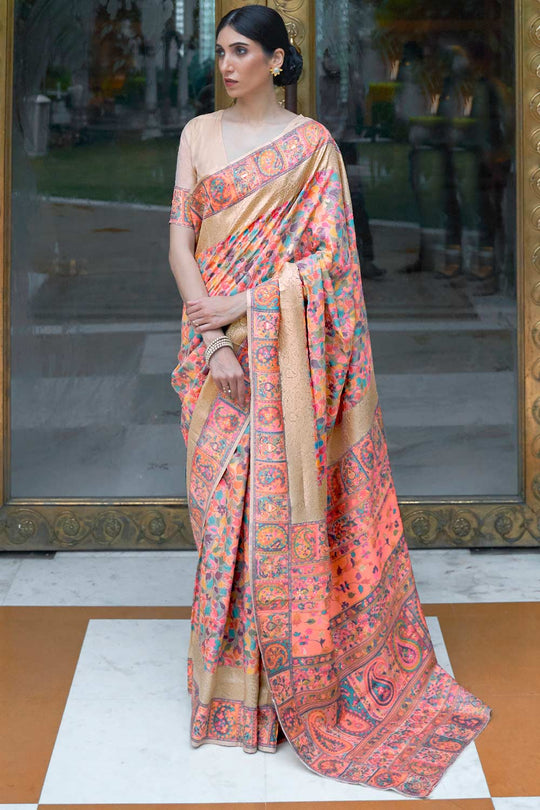 Tina Peach Silk Blend Floral Woven Design Phulkari One Minute Saree