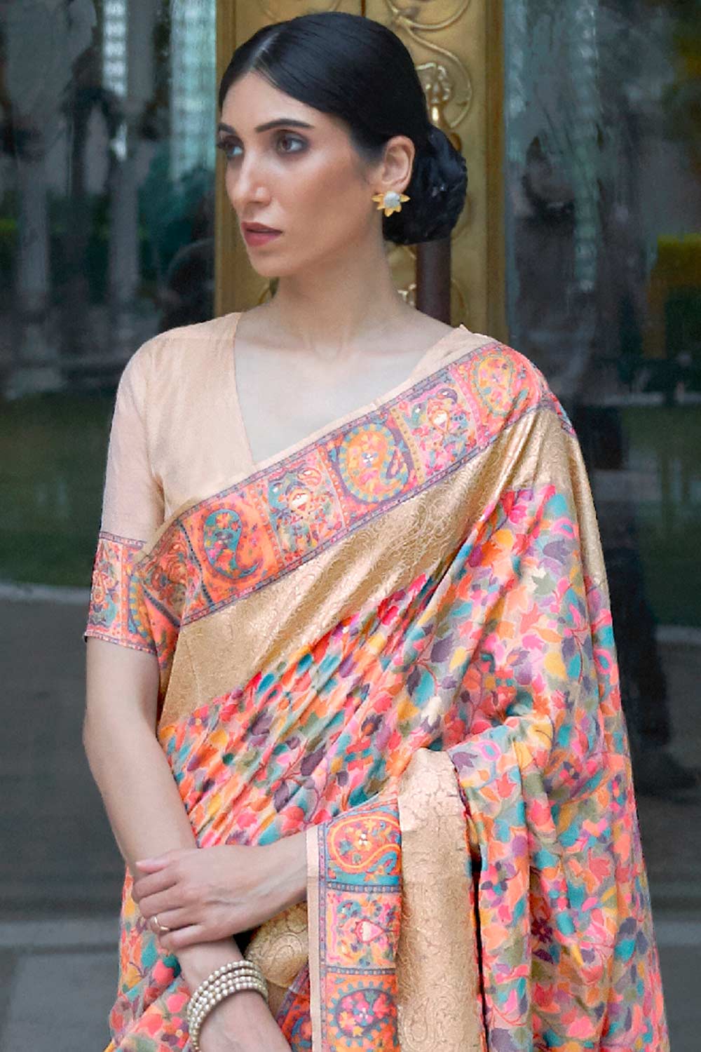 Tina Peach Silk Blend Floral Woven Design Phulkari One Minute Saree