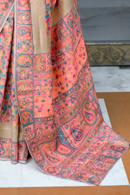 Tina Peach Silk Blend Floral Woven Design Phulkari One Minute Saree