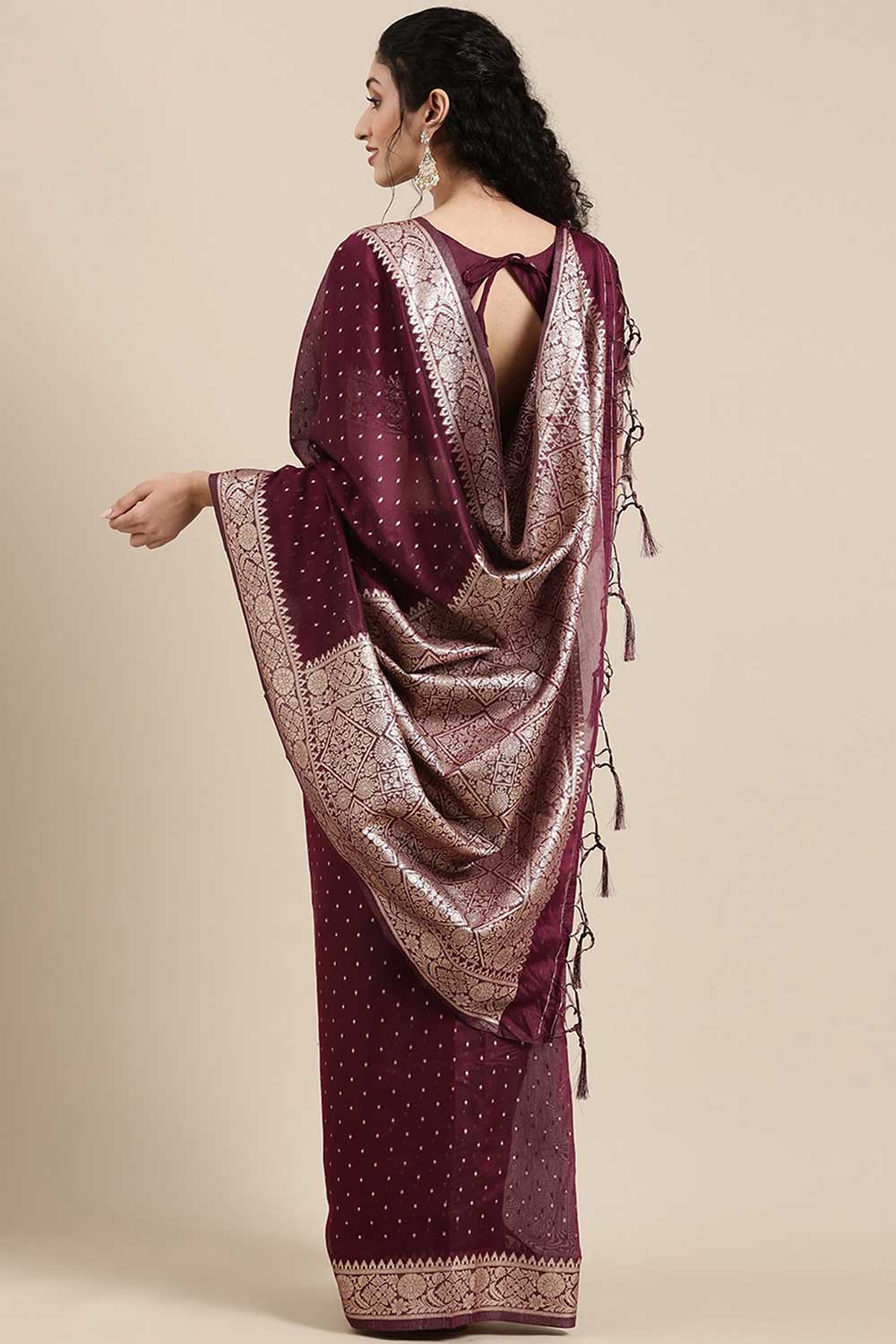 Burgundy Polka Dot Modal One Minute Saree