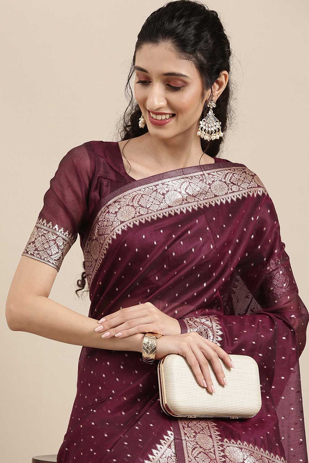 Burgundy Polka Dot Modal One Minute Saree