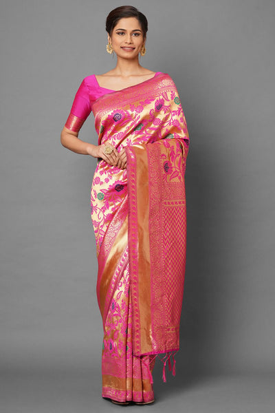 Buy Women's Pink Zari  Nylon Silk One Minute Saree