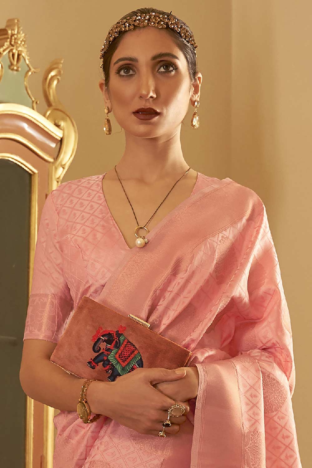 Buy Peach Art Silk Paisley Design One Minute Saree Online