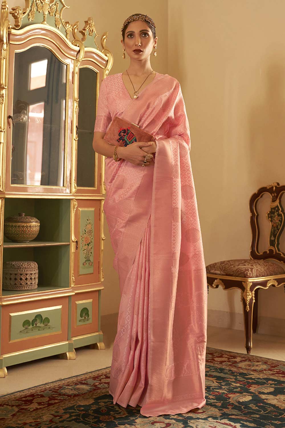 Buy Peach Art Silk Paisley Design One Minute Saree Online - Back