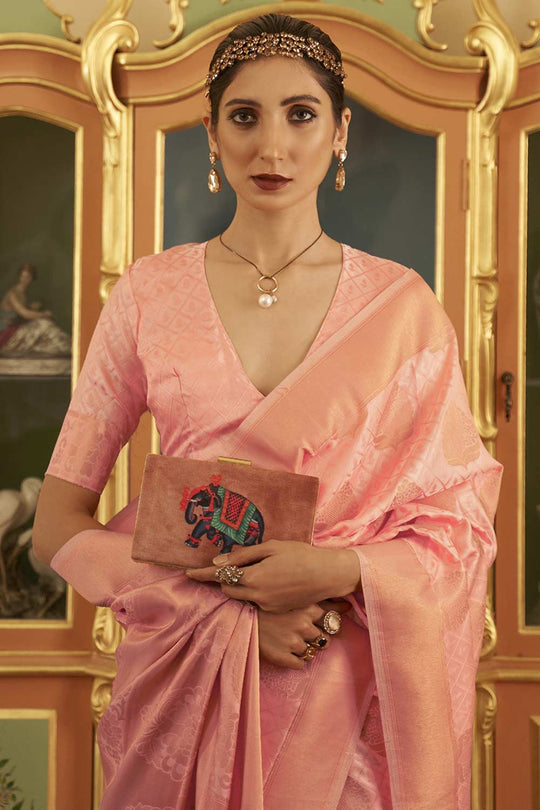 Buy Peach Art Silk Paisley Design One Minute Saree Online - Front