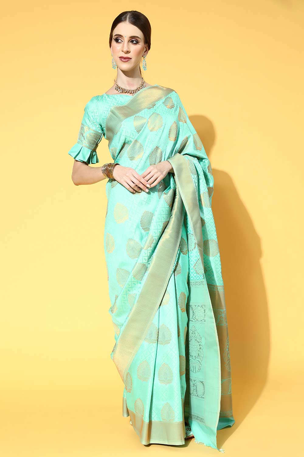 Buy Sea Green Art Silk Paisley Design One Minute Saree Online