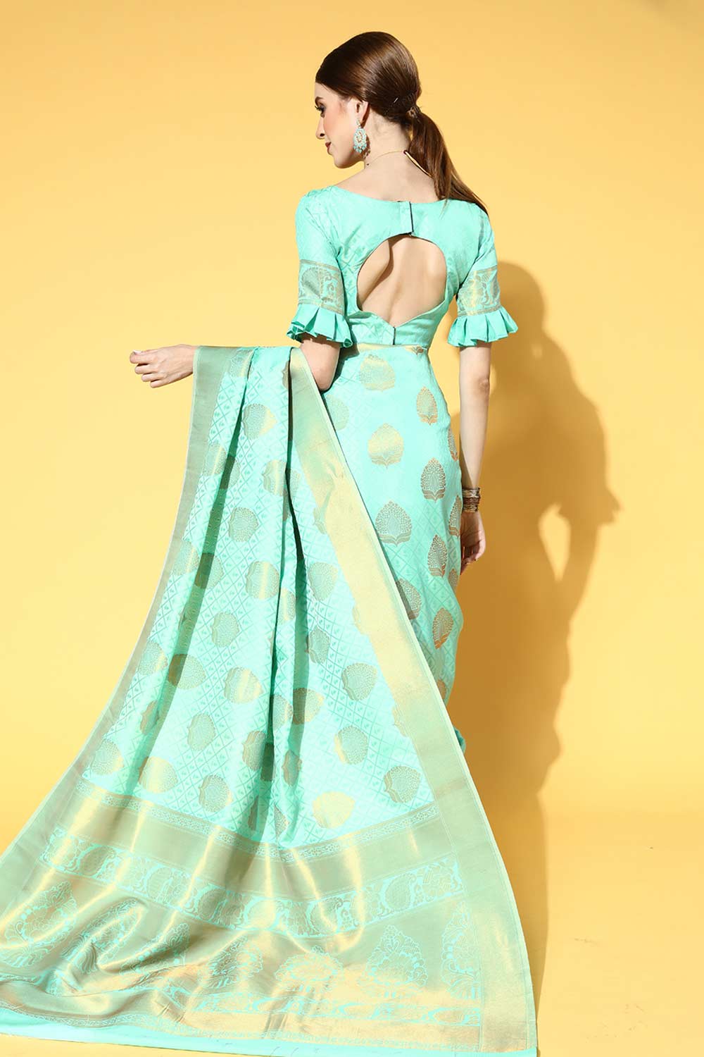 Buy Sea Green Art Silk Paisley Design One Minute Saree Online - Back