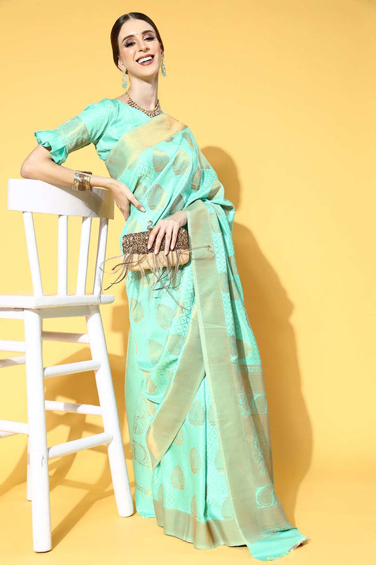 Buy Sea Green Art Silk Paisley Design One Minute Saree Online - Front