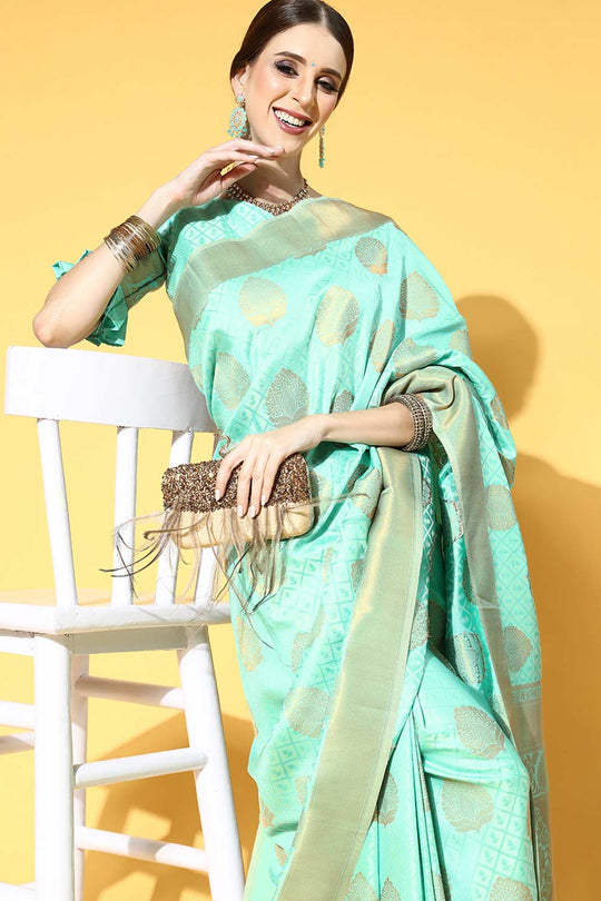 Buy Sea Green Art Silk Paisley Design One Minute Saree Online - Side