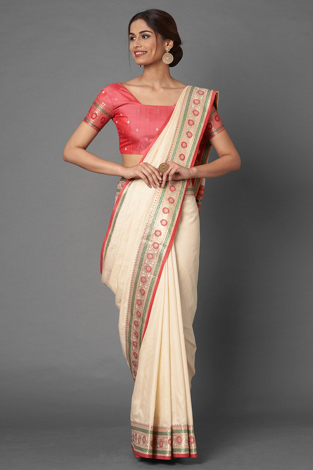 Buy Women's Cream Zari Silk Blend One Minute Saree
