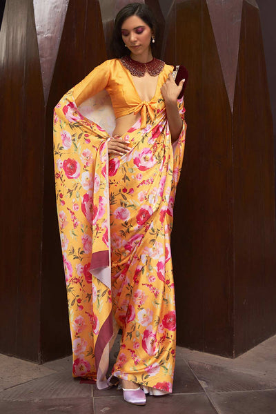 Buy Yellow Satin Silk Floral Print One Minute Saree Online