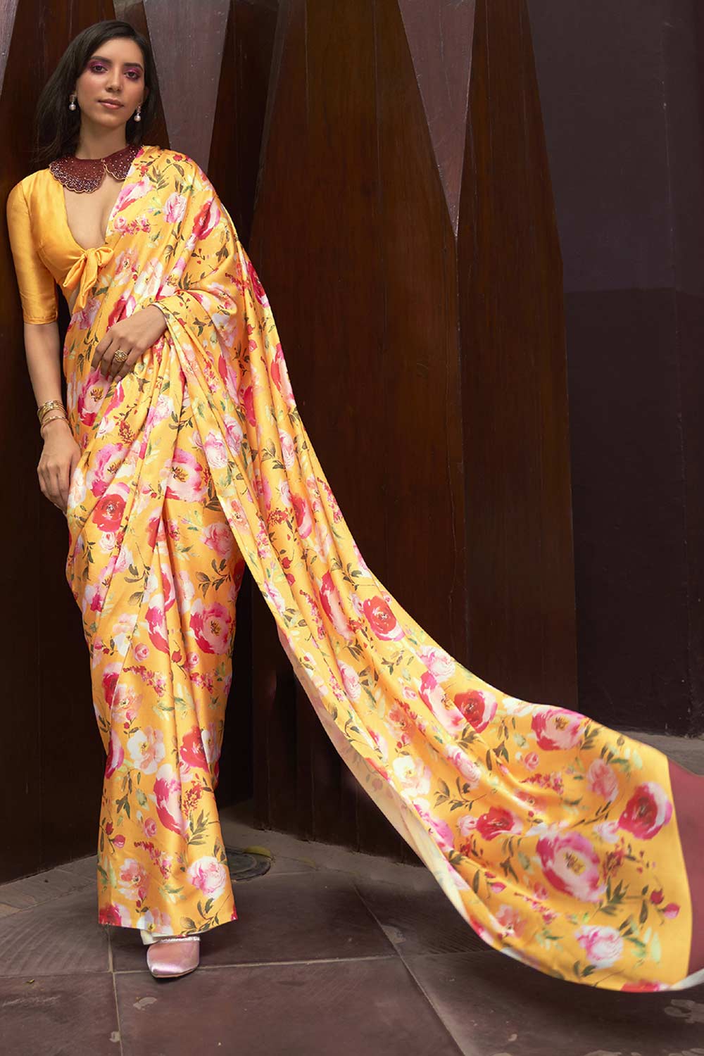 Buy Yellow Satin Silk Floral Print One Minute Saree Online - Back