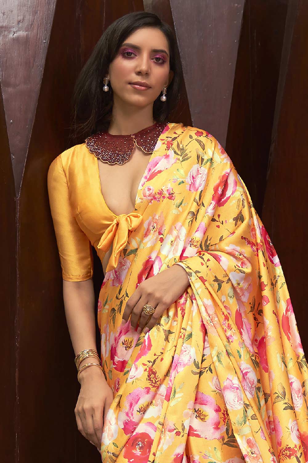 Buy Yellow Satin Silk Floral Print One Minute Saree Online - Front