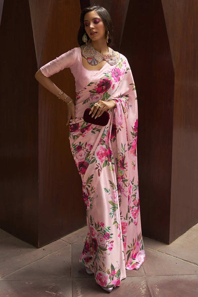 Buy Pink Satin Silk Floral Print One Minute Saree Online
