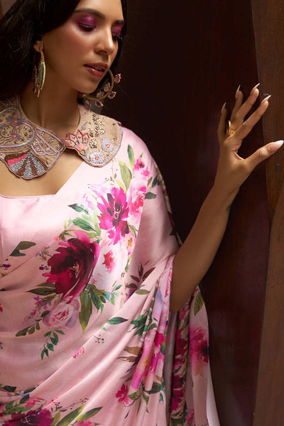 Buy Pink Satin Silk Floral Print One Minute Saree Online - Back