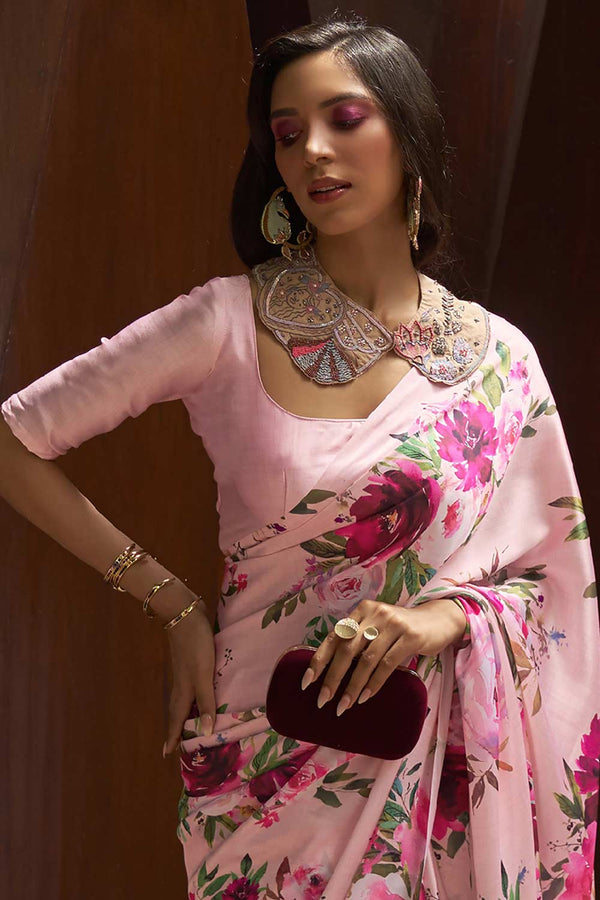Buy Pink Satin Silk Floral Print One Minute Saree Online - Front