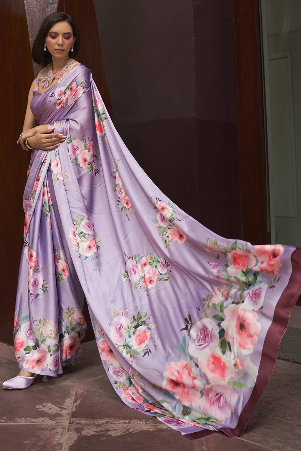 Buy Lavender Satin Silk Floral Print One Minute Saree Online