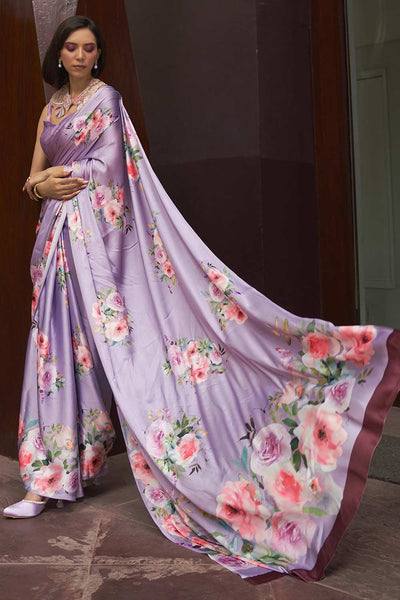 Buy Lavender Satin Silk Floral Print One Minute Saree Online - Back