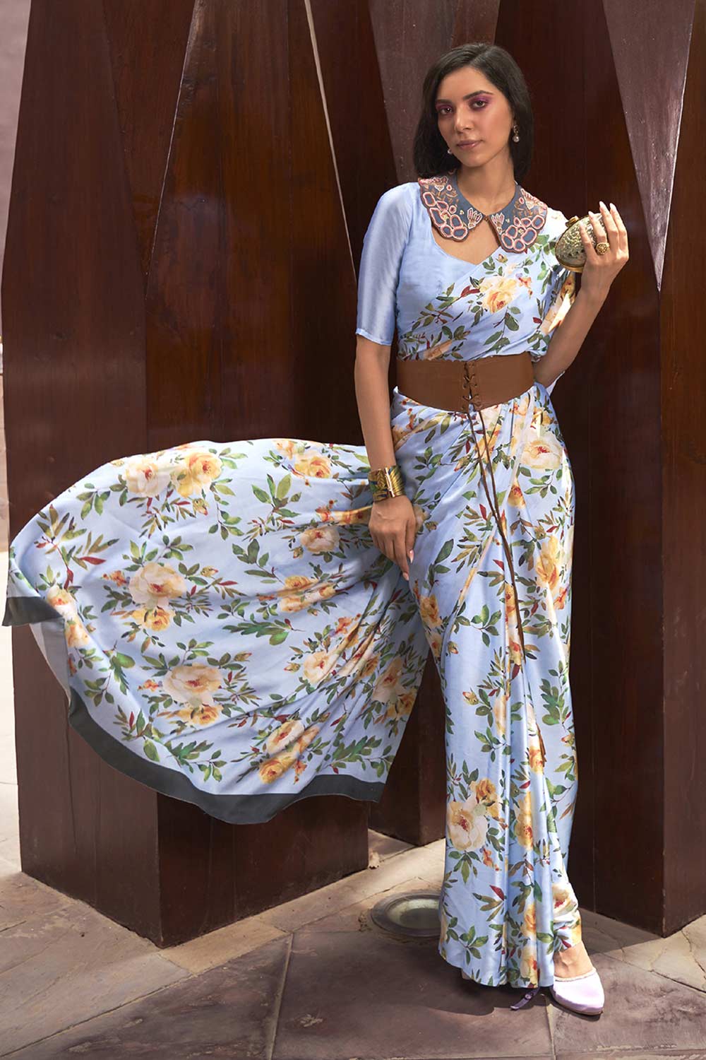 Buy Blue Satin Silk Floral Print One Minute Saree Online