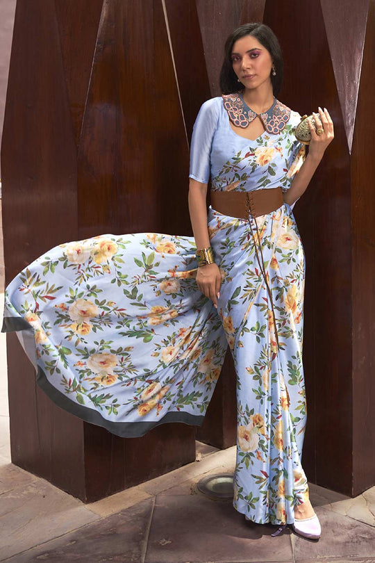 Buy Blue Satin Silk Floral Print One Minute Saree Online