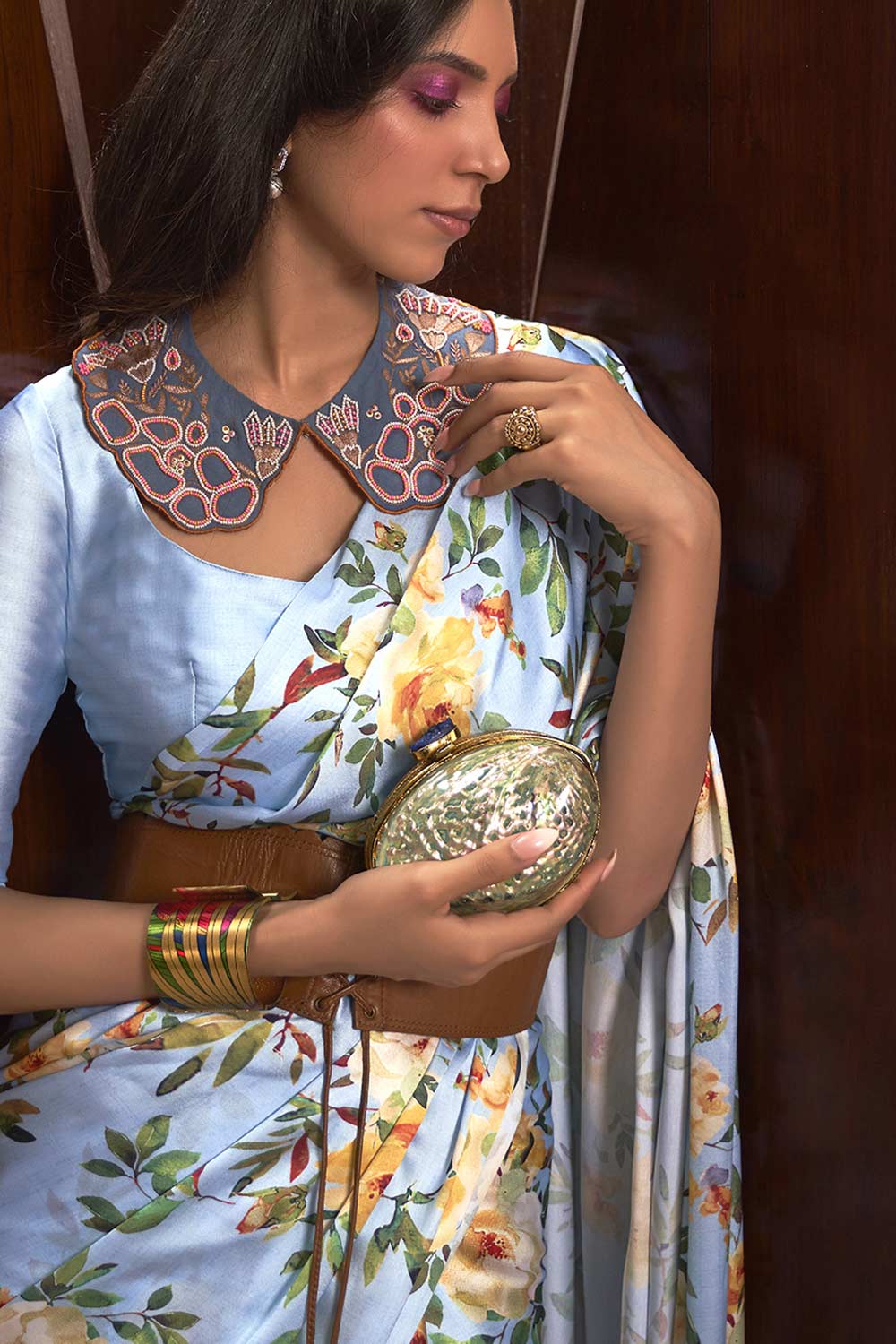 Buy Blue Satin Silk Floral Print One Minute Saree Online - Back