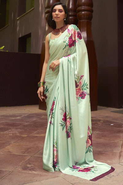 Buy Light Green Satin Silk Floral Print One Minute Saree Online