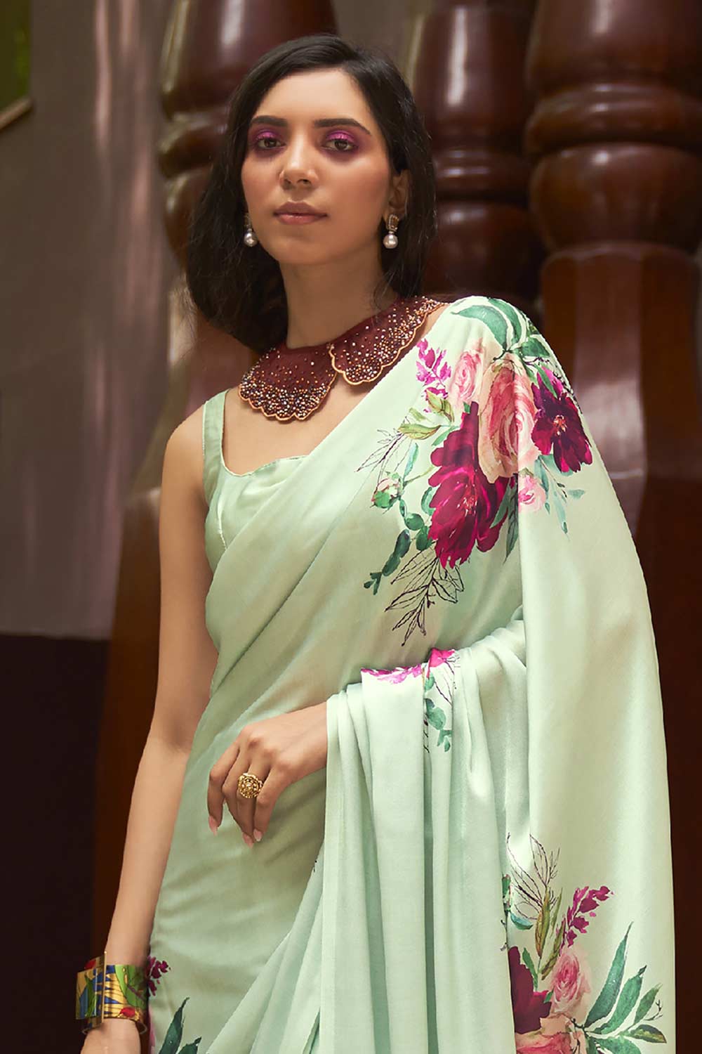 Buy Light Green Satin Silk Floral Print One Minute Saree Online - Front