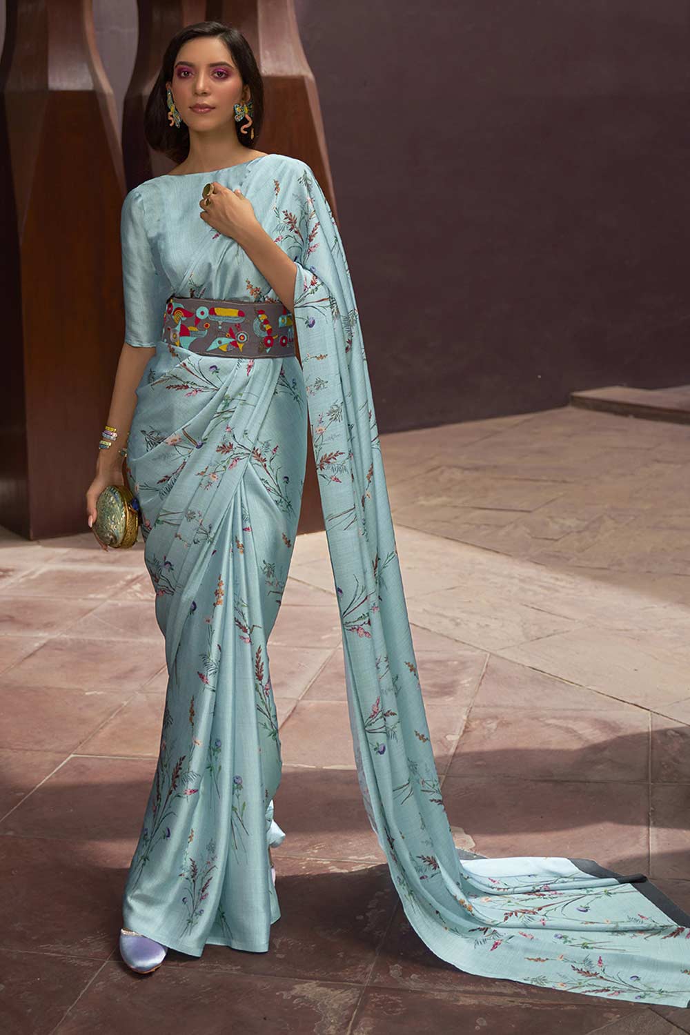 Buy Turquoise Satin Silk Floral Print One Minute Saree Online