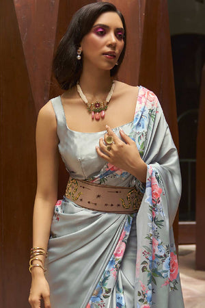 Buy Grey Satin Silk Floral Print One Minute Saree Online - Front