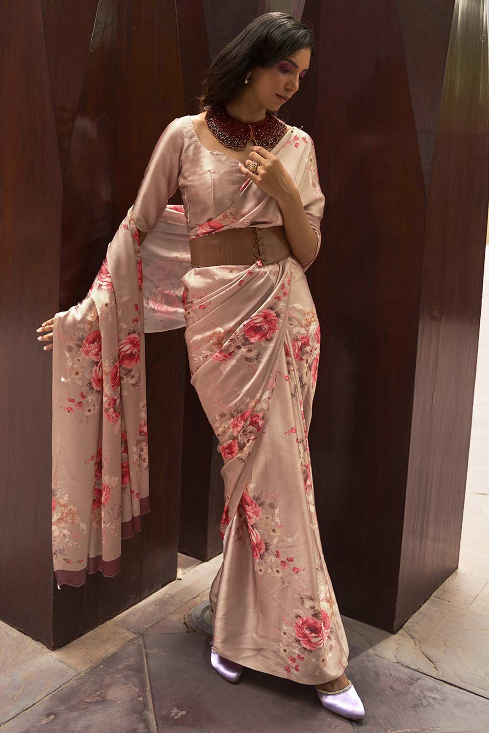 Buy Beige Satin Silk Floral Print One Minute Saree Online