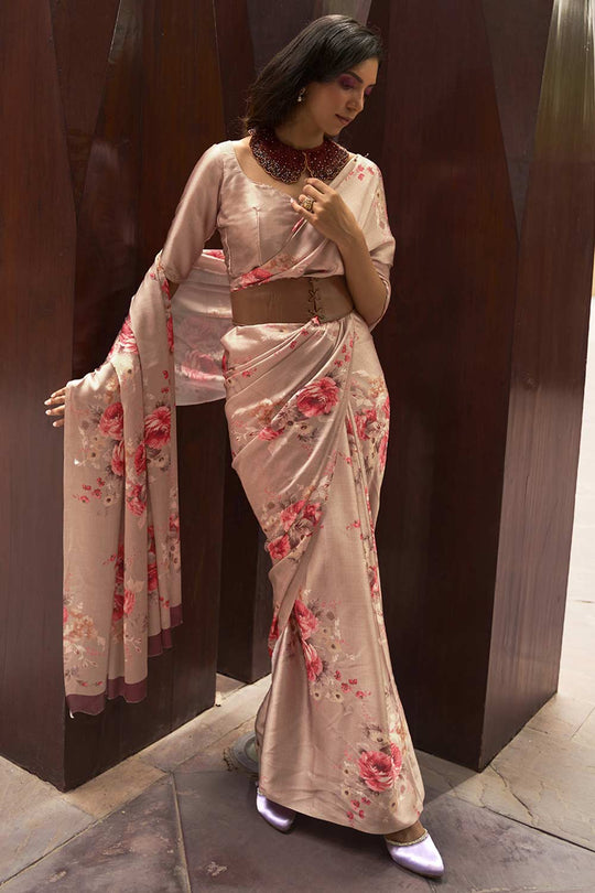 Buy Beige Satin Silk Floral Print One Minute Saree Online