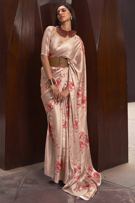 Buy Beige Satin Silk Floral Print One Minute Saree Online - Back