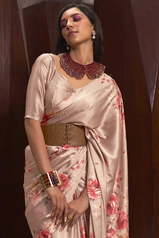 Buy Beige Satin Silk Floral Print One Minute Saree Online - Front