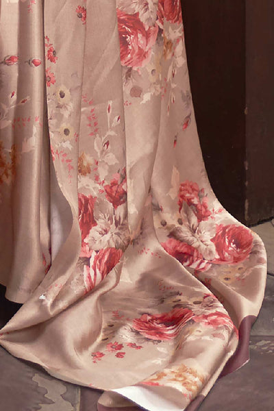 Buy Beige Satin Silk Floral Print One Minute Saree Online - Side