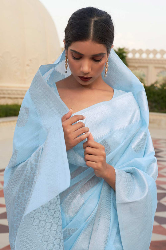 Nadia Turquoise Pure Linen Floral One Minute Saree