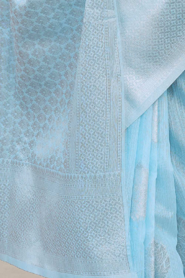 Nadia Turquoise Pure Linen Floral One Minute Saree