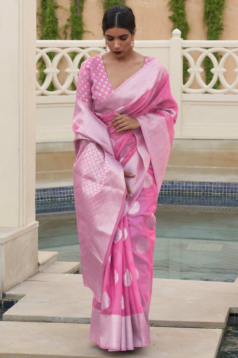 Sarina Pink Pure Linen Floral Banarasi One Minute Saree