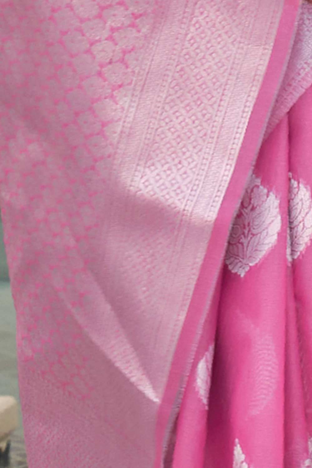 Sarina Pink Pure Linen Floral Banarasi One Minute Saree
