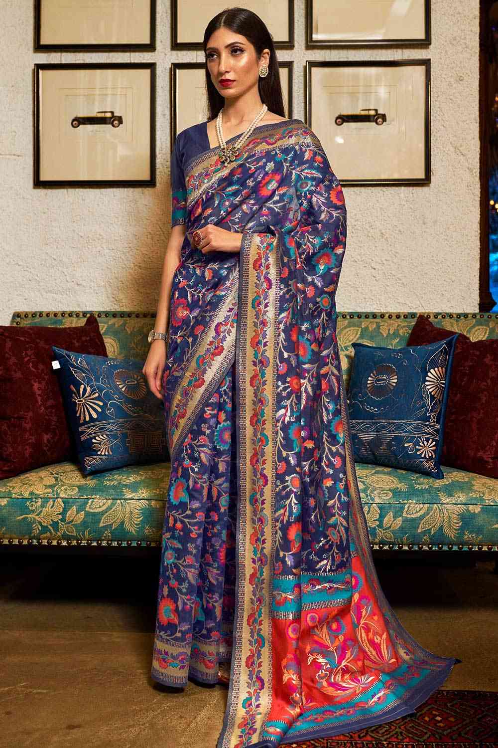 Alina Navy Blue Modal Floral Woven Design Banarasi One Minute Saree